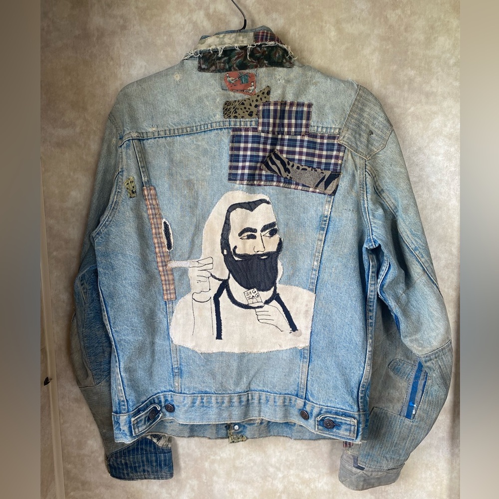 Vintage 70s 80s Levis OOAK Zig Zag Man Patchwork Denim Trucker Jacket Smoker